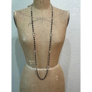 Lost & Found Black Faceted Bead Clear Crystal Long Necklace Silver Tone‎ 44" NEW
